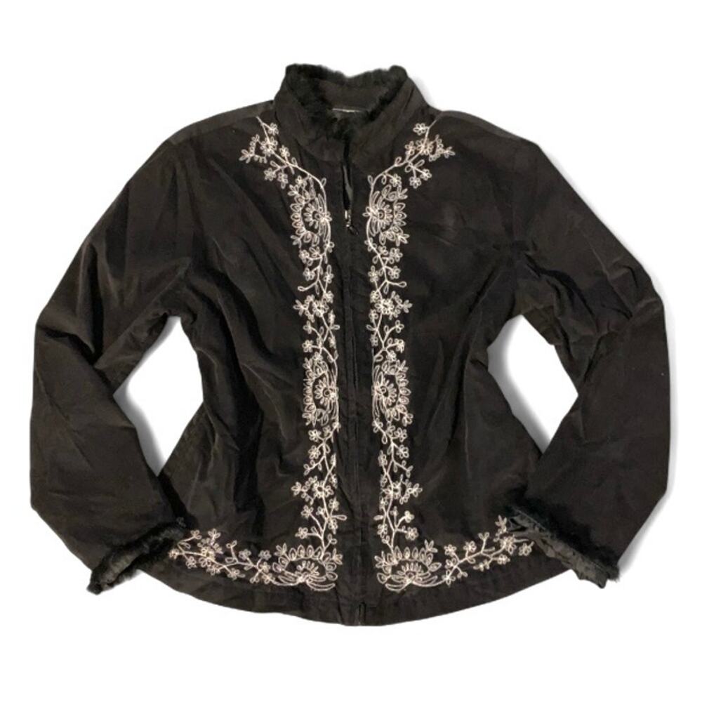 Y2K Early 2000s Black Boho Floral Embroidered Zip Front Jacket – Large